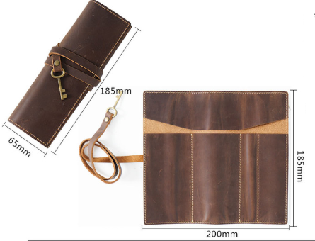 Green Genuine Crazy Horse Leather Pencil Roll Case Vintage Pen Wrap Stationery view 2