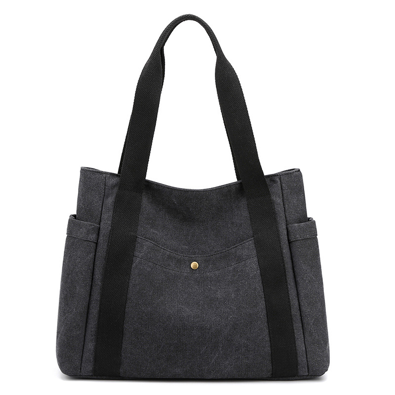 Black Women's Large Canvas Tote Bag Minimalist Shoulder Handbag High Capacity