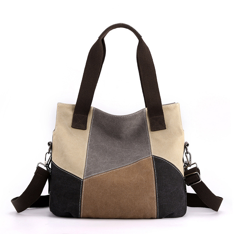Grey Vintage Patchwork Canvas Tote Bag Large Capacity Multi-Pocket Women's