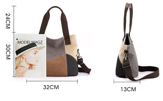 Grey Vintage Patchwork Canvas Tote Bag Large Capacity Multi-Pocket Women's view 2