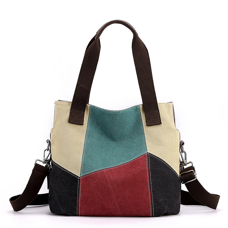Red Vintage Patchwork Canvas Tote Bag Large Capacity Multi-Pocket Women's