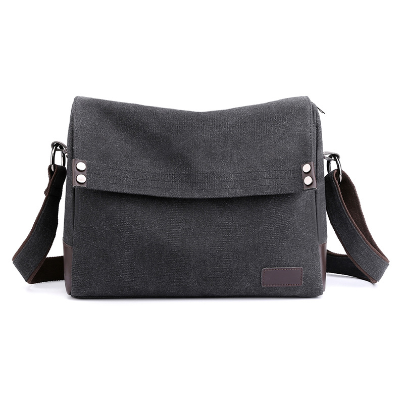 Black Men's Large Capacity Canvas Messenger Bag Lightweight Multi-Pocket