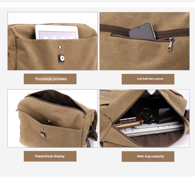 Brown Men's Large Capacity Canvas Messenger Bag Lightweight Multi-Pocket view 4