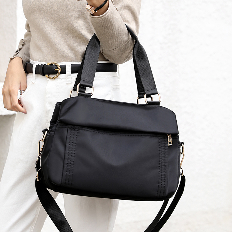Black Women's Large Capacity Water-Resistant Nylon Handbag Multi-Compartment view 3
