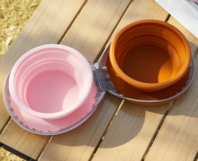 Brown-pink Portable Collapsible Double Pet Bowls for Dogs and Cats - 2x 450ml — image 1