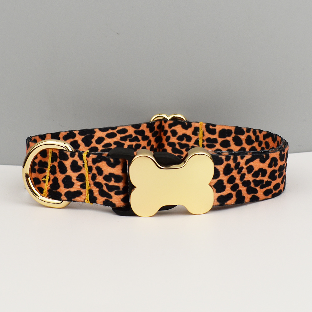 S Leopard Print Boho Patterned Dog Collar with Gold Metal Bone Buckle — image 1