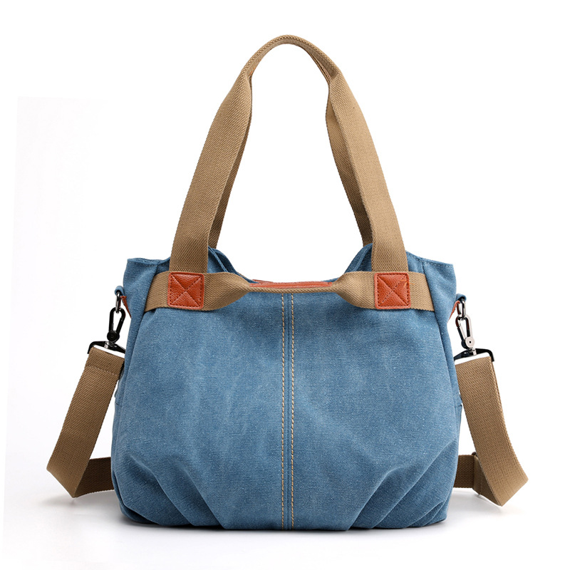 Light Blue Women's Retro Canvas Tote Bag Large Capacity Shoulder Handbag