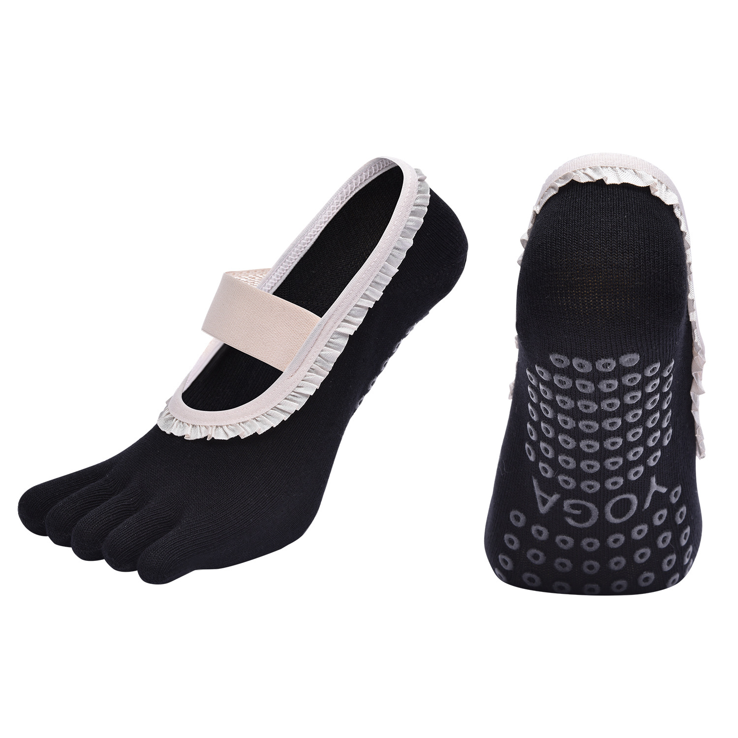 Black 2pcs Women's 5-Finger Ballet Style Yoga Socks - Non-Slip Grip Pilates &