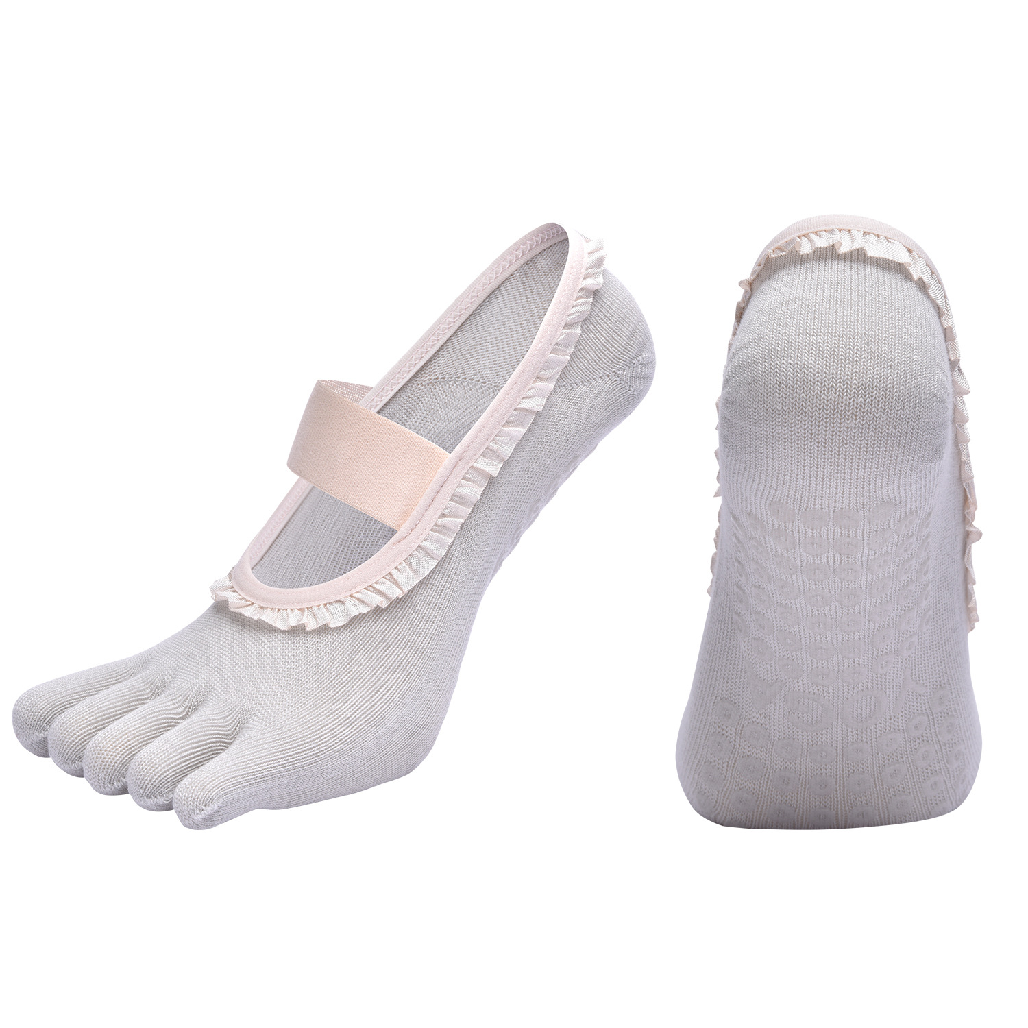 Grey 2pcs Women's 5-Finger Ballet Style Yoga Socks - Non-Slip Grip Pilates &