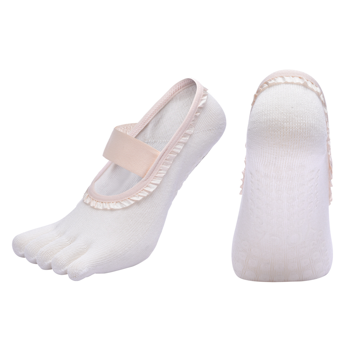 White 2pcs Women's 5-Finger Ballet Style Yoga Socks - Non-Slip Grip Pilates &