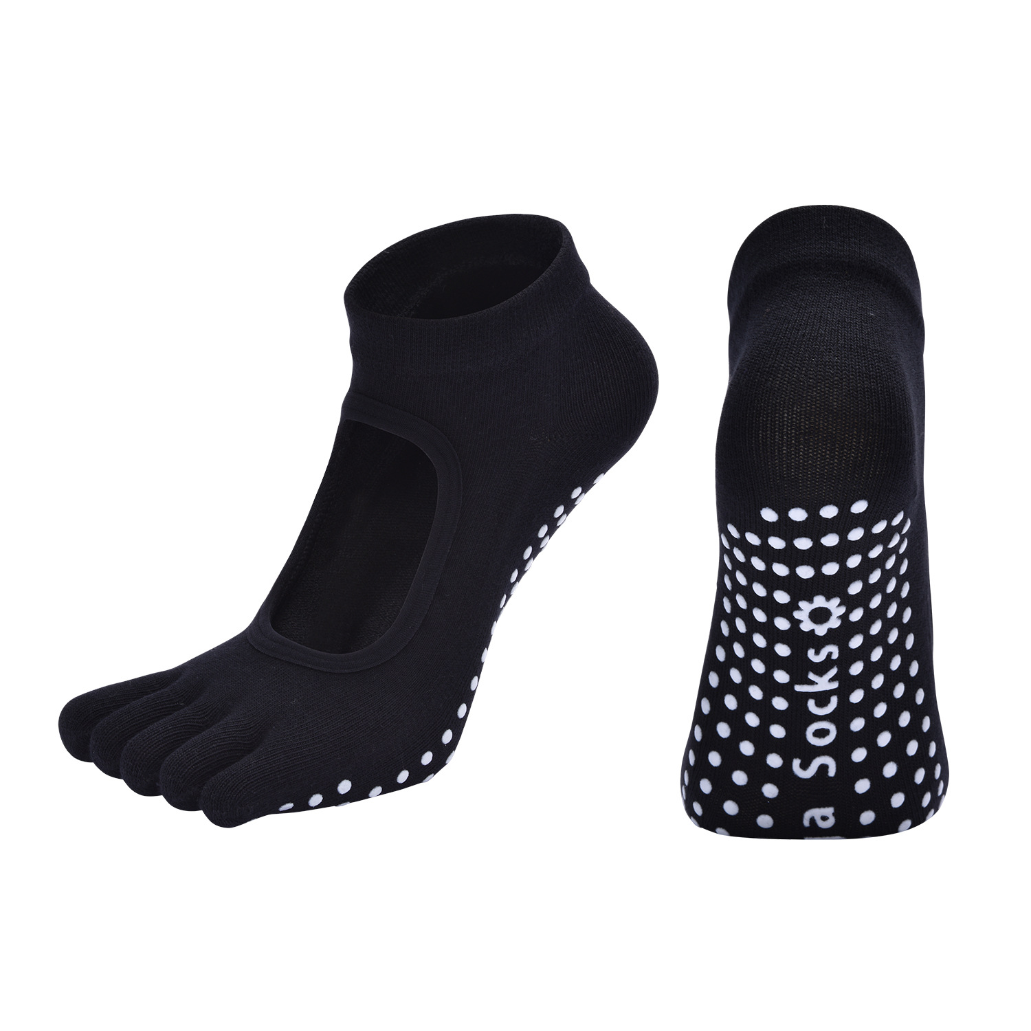 Black 3-Pack Women's Non-Slip Five-Finger Yoga Socks - Open Back Combed Cotton