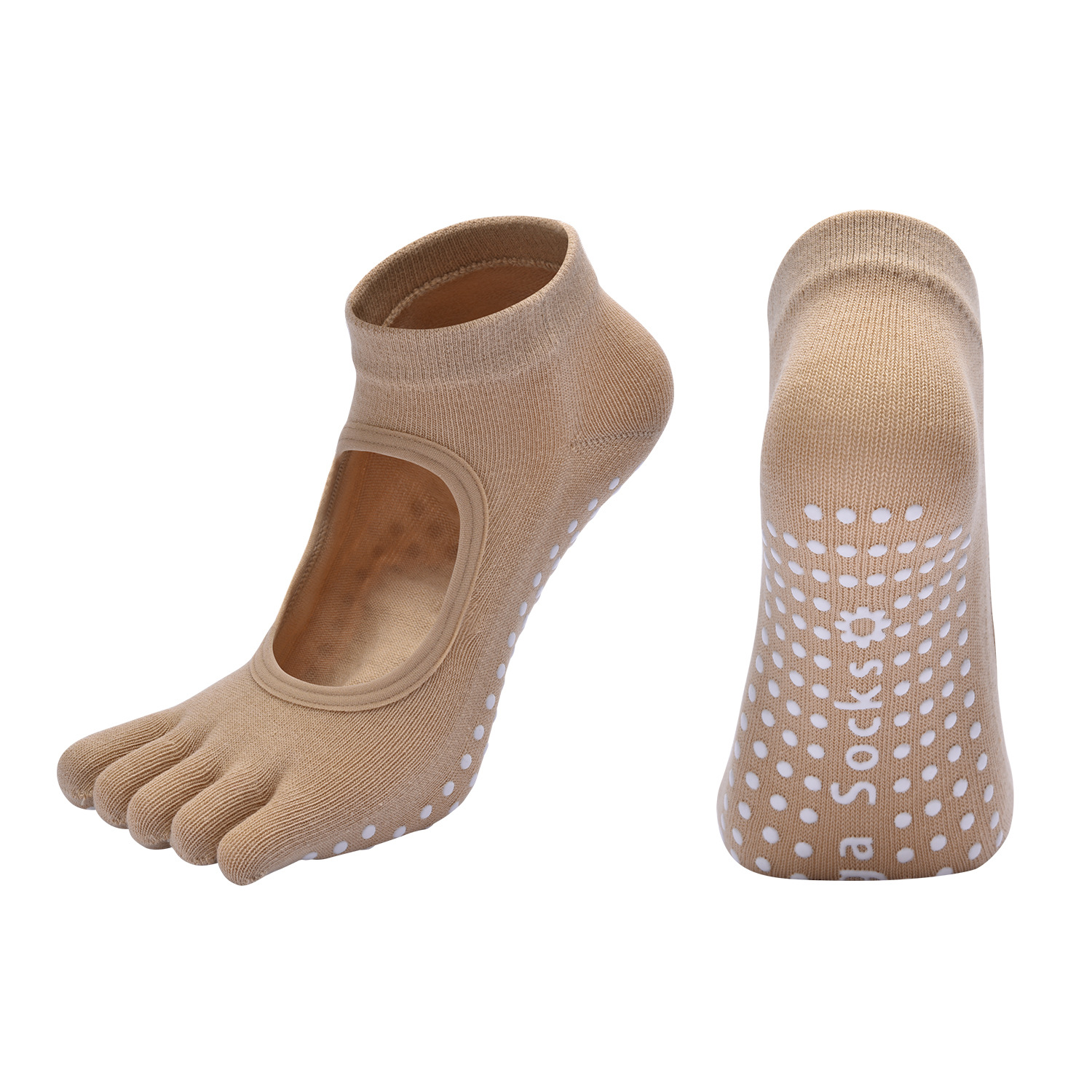 Beige 3-Pack Women's Non-Slip Five-Finger Yoga Socks - Open Back Combed Cotton