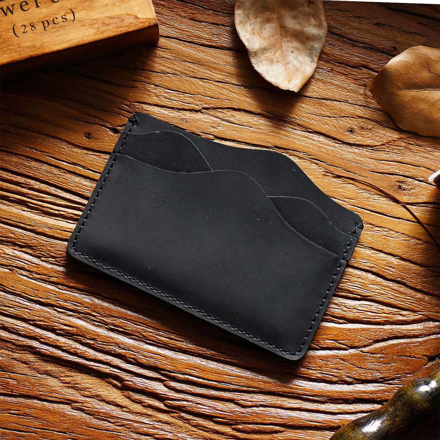 Black Minimalist Slim Crazy Horse Leather Card Holder - Vintage Handcrafted