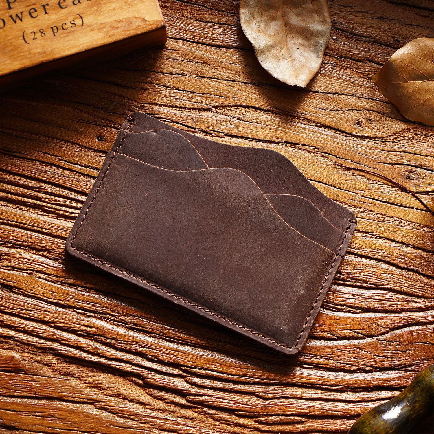 Coffee Minimalist Slim Crazy Horse Leather Card Holder - Vintage Handcrafted