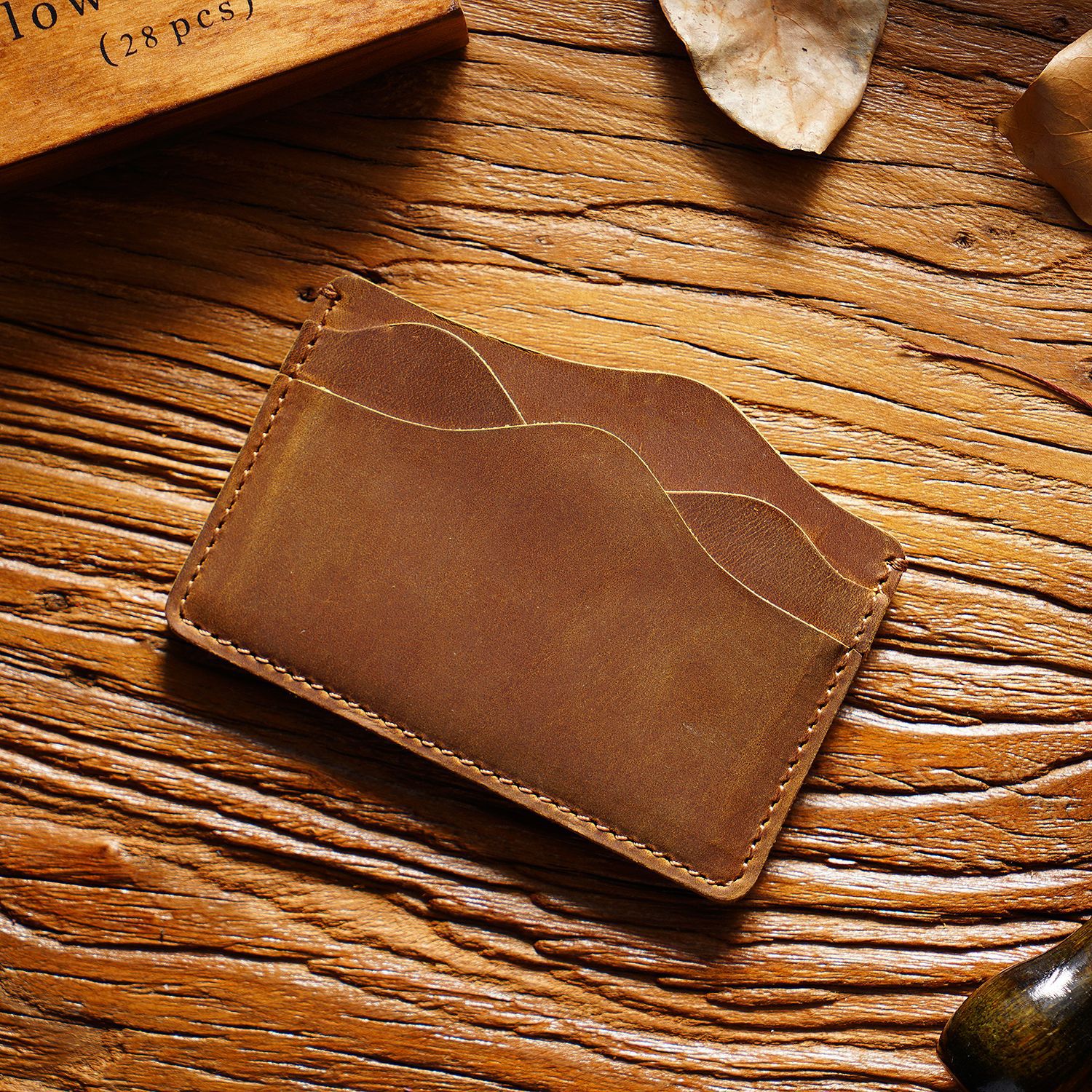 Brown Minimalist Slim Crazy Horse Leather Card Holder - Vintage Handcrafted