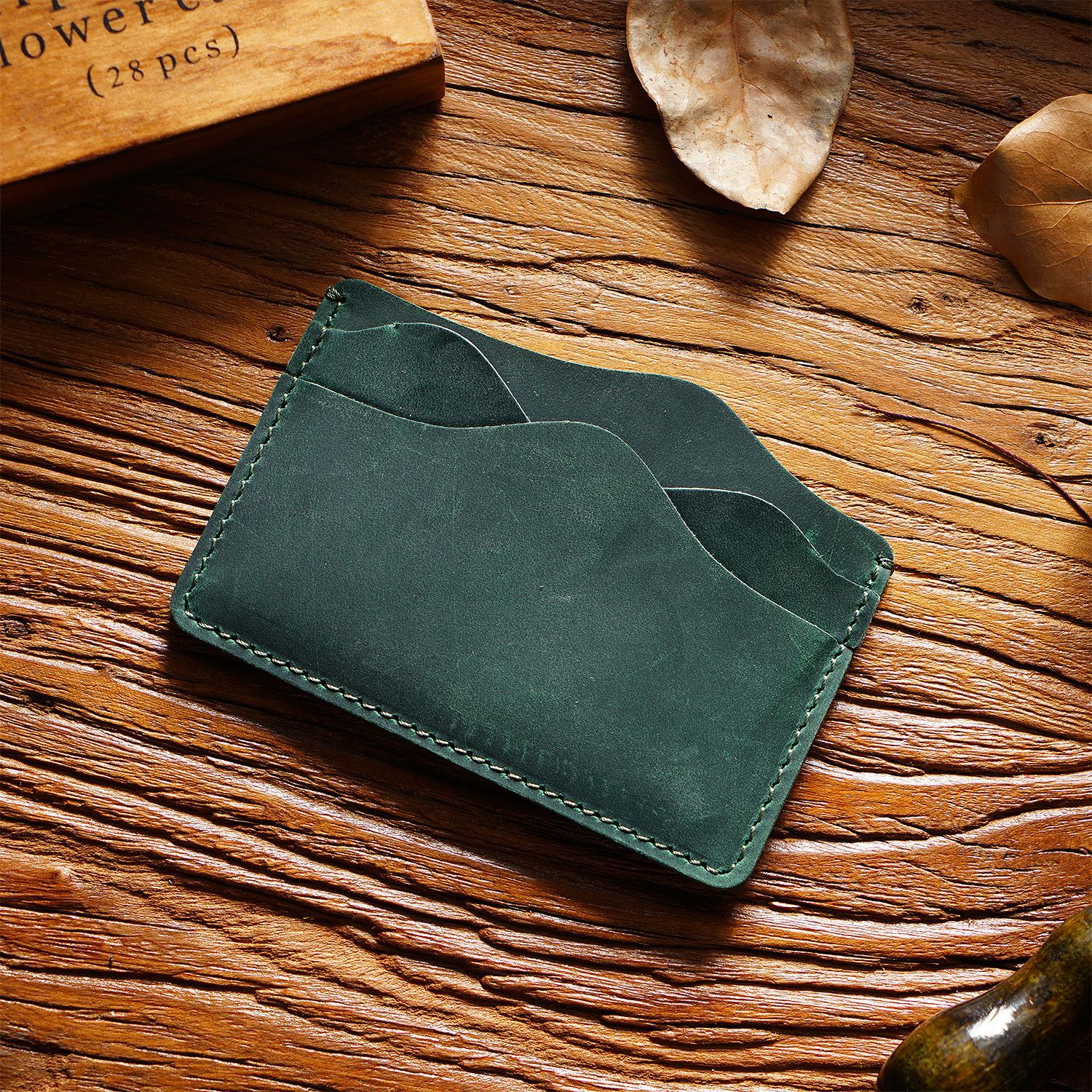 Green Minimalist Slim Crazy Horse Leather Card Holder - Vintage Handcrafted