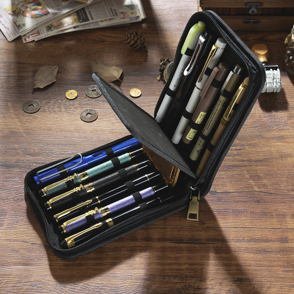 Brown 12-Slot Genuine Crazy Horse Leather Fountain Pen Case - Handcrafted view 3