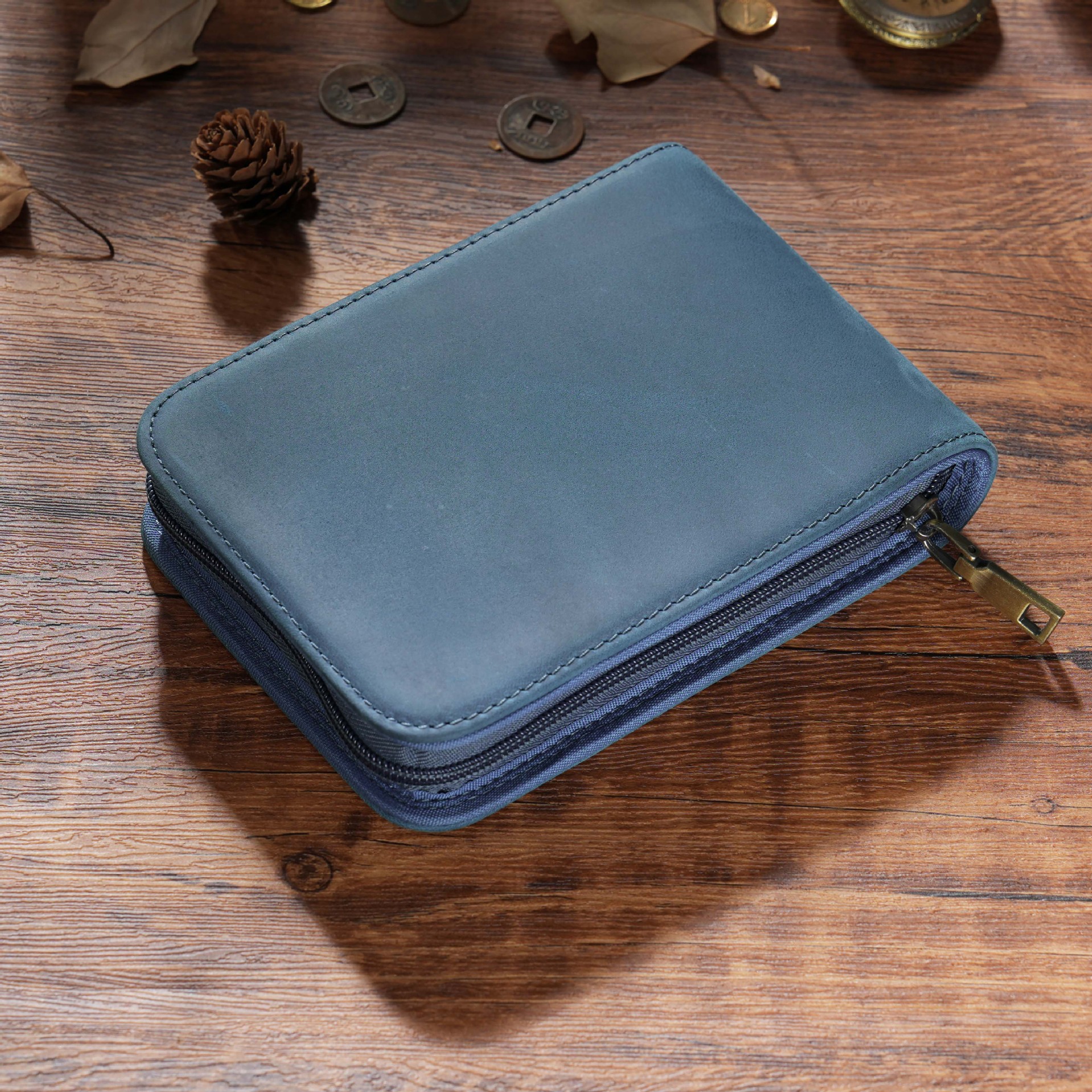 Blue 12-Slot Genuine Crazy Horse Leather Fountain Pen Case - Handcrafted Large