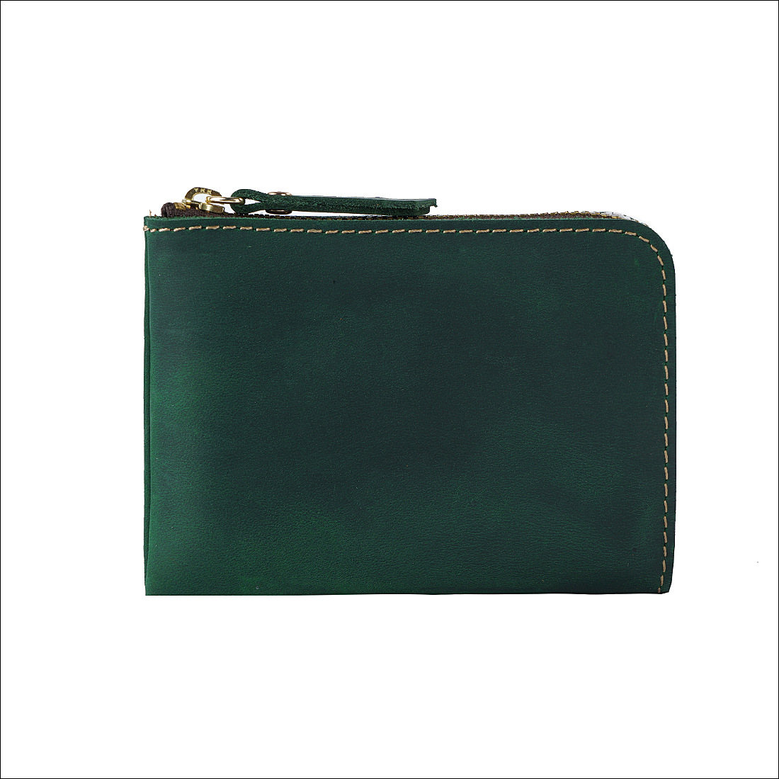 Green Handmade Crazy Horse Leather Wallet Minimalist L-Zip Card Holder Top