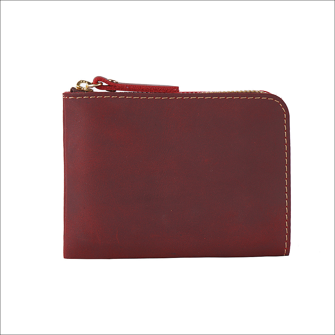 Wine Red Handmade Crazy Horse Leather Wallet Minimalist L-Zip Card Holder Top