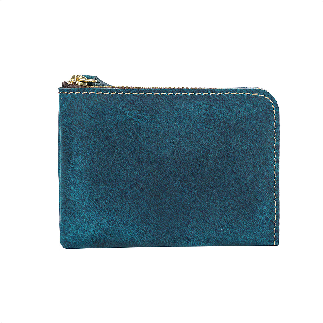 Blue Handmade Crazy Horse Leather Wallet Minimalist L-Zip Card Holder Top