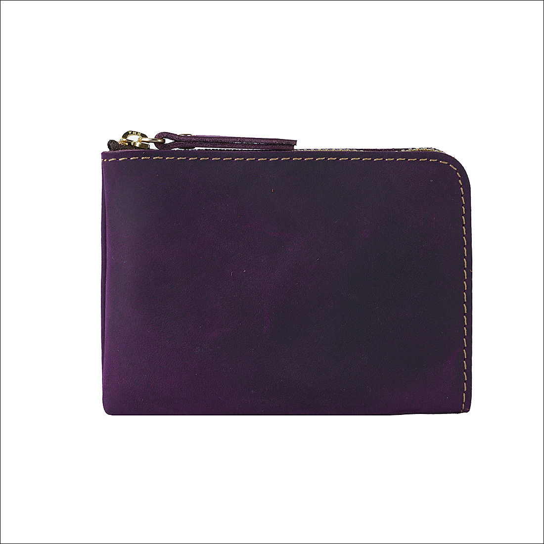 Purple Handmade Crazy Horse Leather Wallet Minimalist L-Zip Card Holder Top