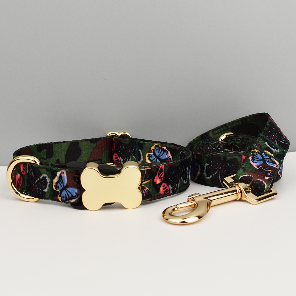 XL Butterfly Boho Patterned Dog Collar with Gold Metal Bone Buckle Adjustable