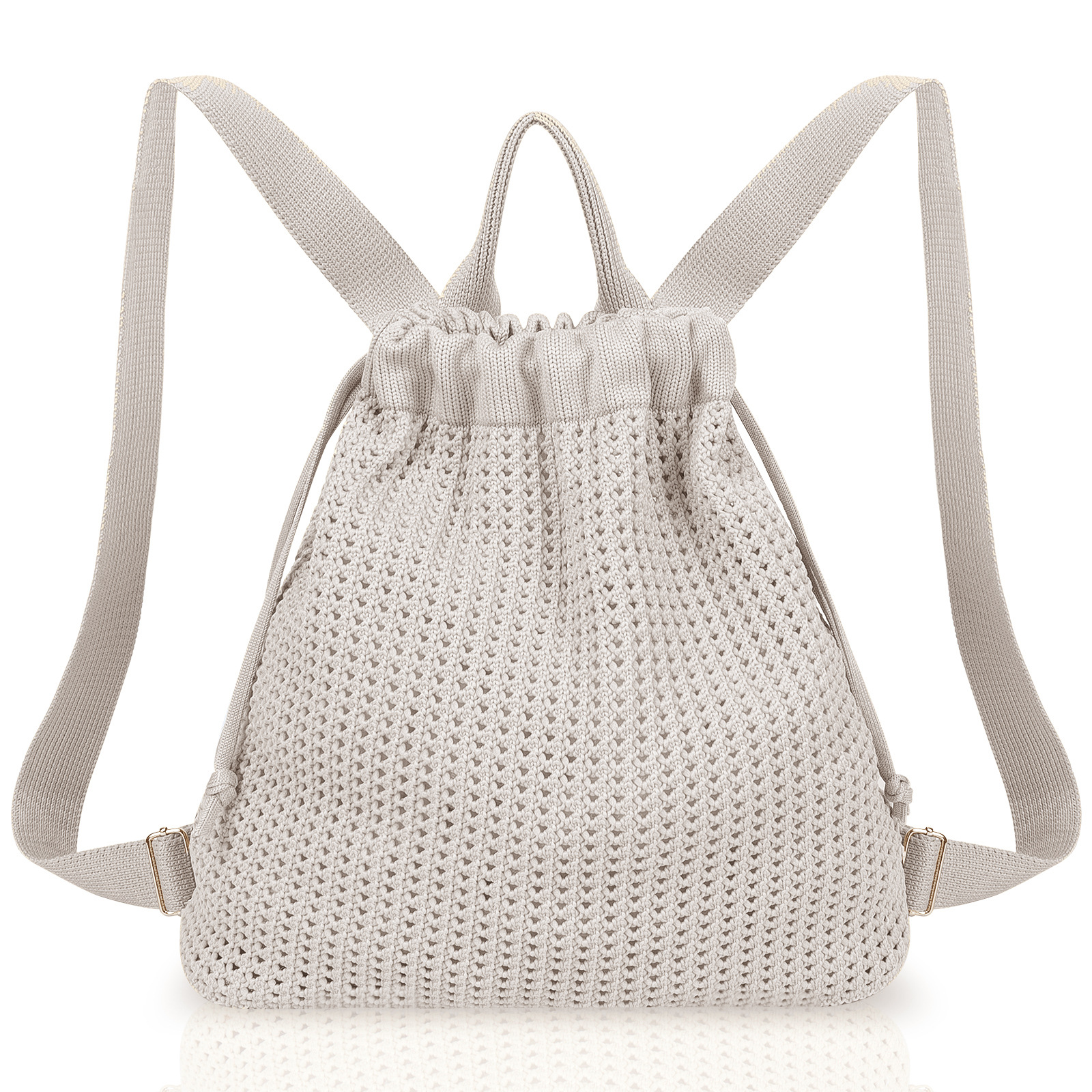Grey Bohemian Crochet Knit Drawstring Backpack - Hand-Woven Versatile Tote &