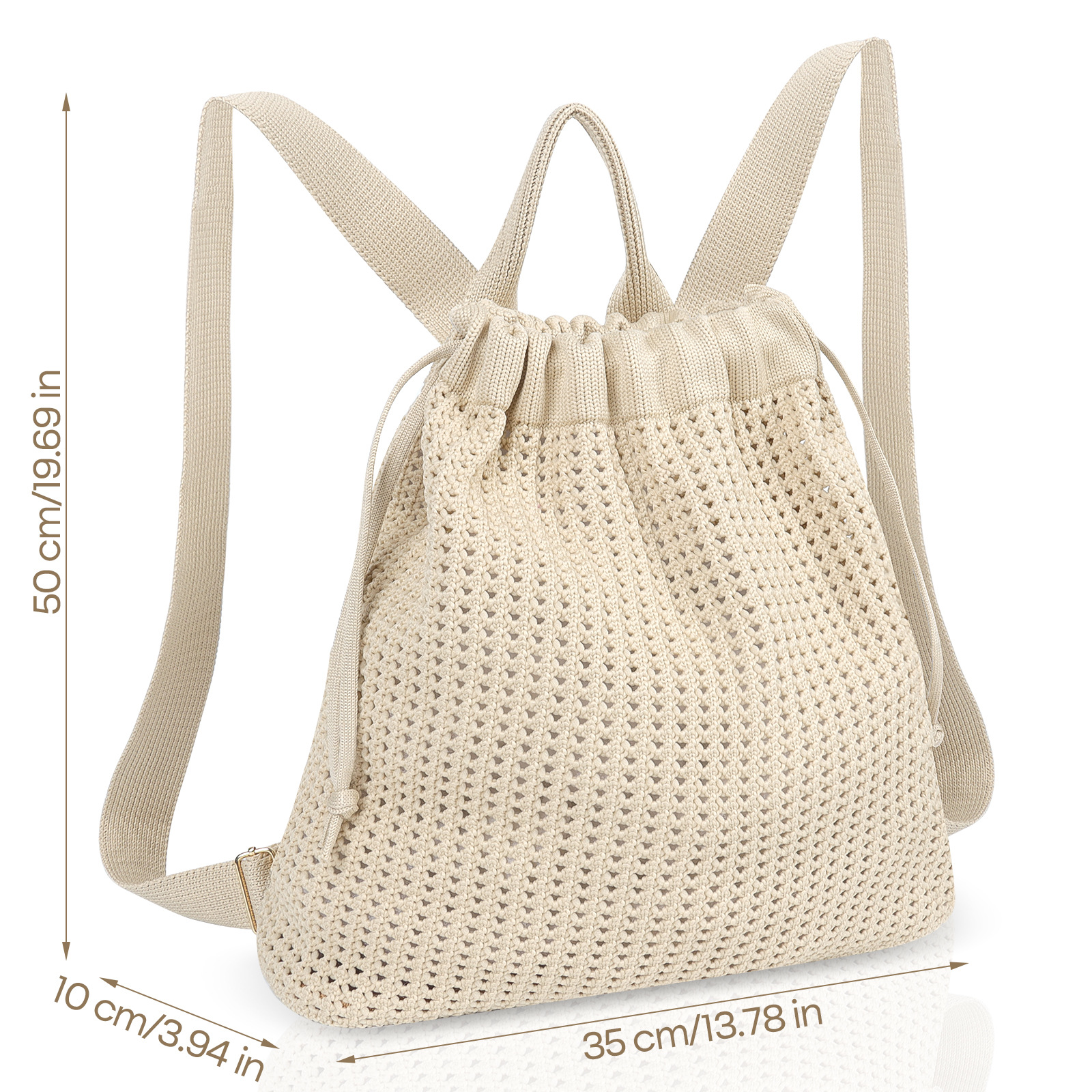 Khaki Bohemian Crochet Knit Drawstring Backpack - Hand-Woven Versatile Tote & view 2
