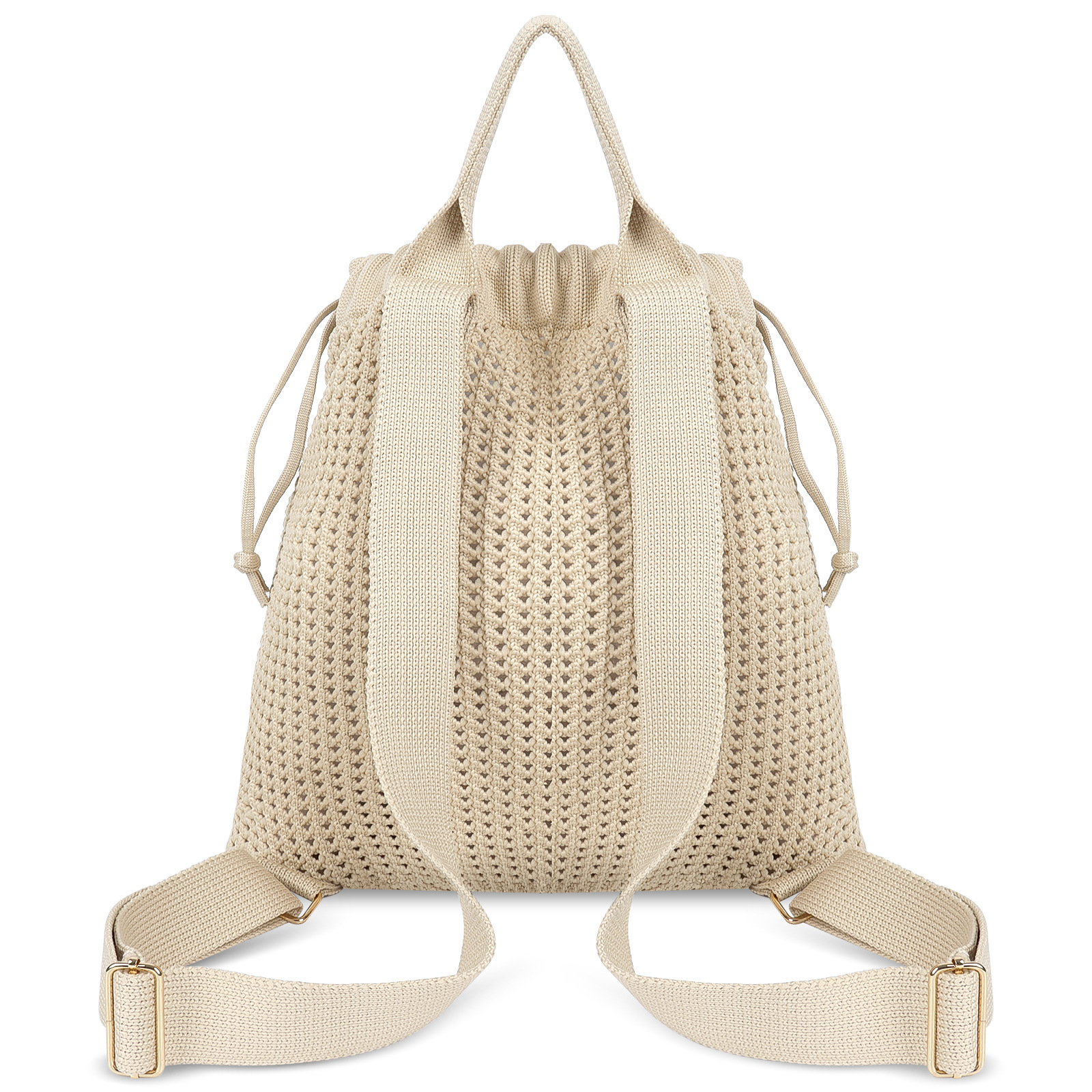 Khaki Bohemian Crochet Knit Drawstring Backpack - Hand-Woven Versatile Tote & view 3