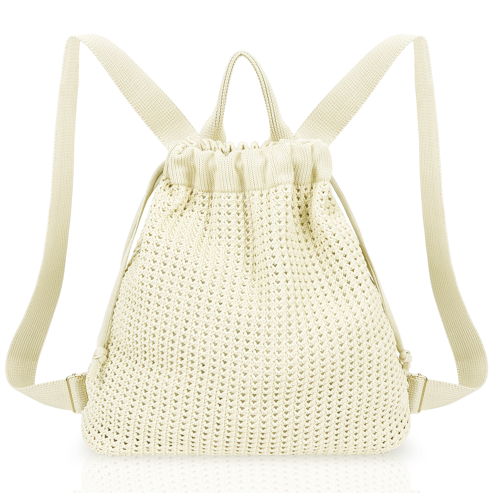 Beige Bohemian Crochet Knit Drawstring Backpack - Hand-Woven Versatile Tote &