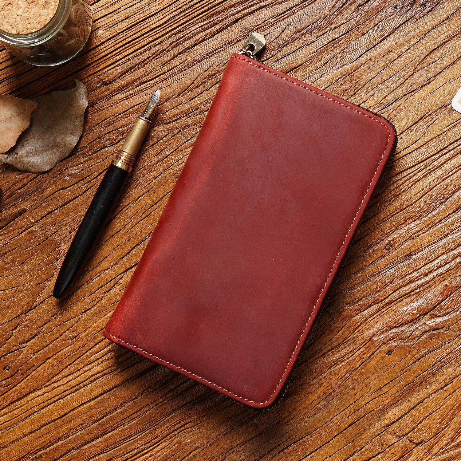 Wine Red Genuine Crazy Horse Leather Fountain Pen Case Zippered Organiser