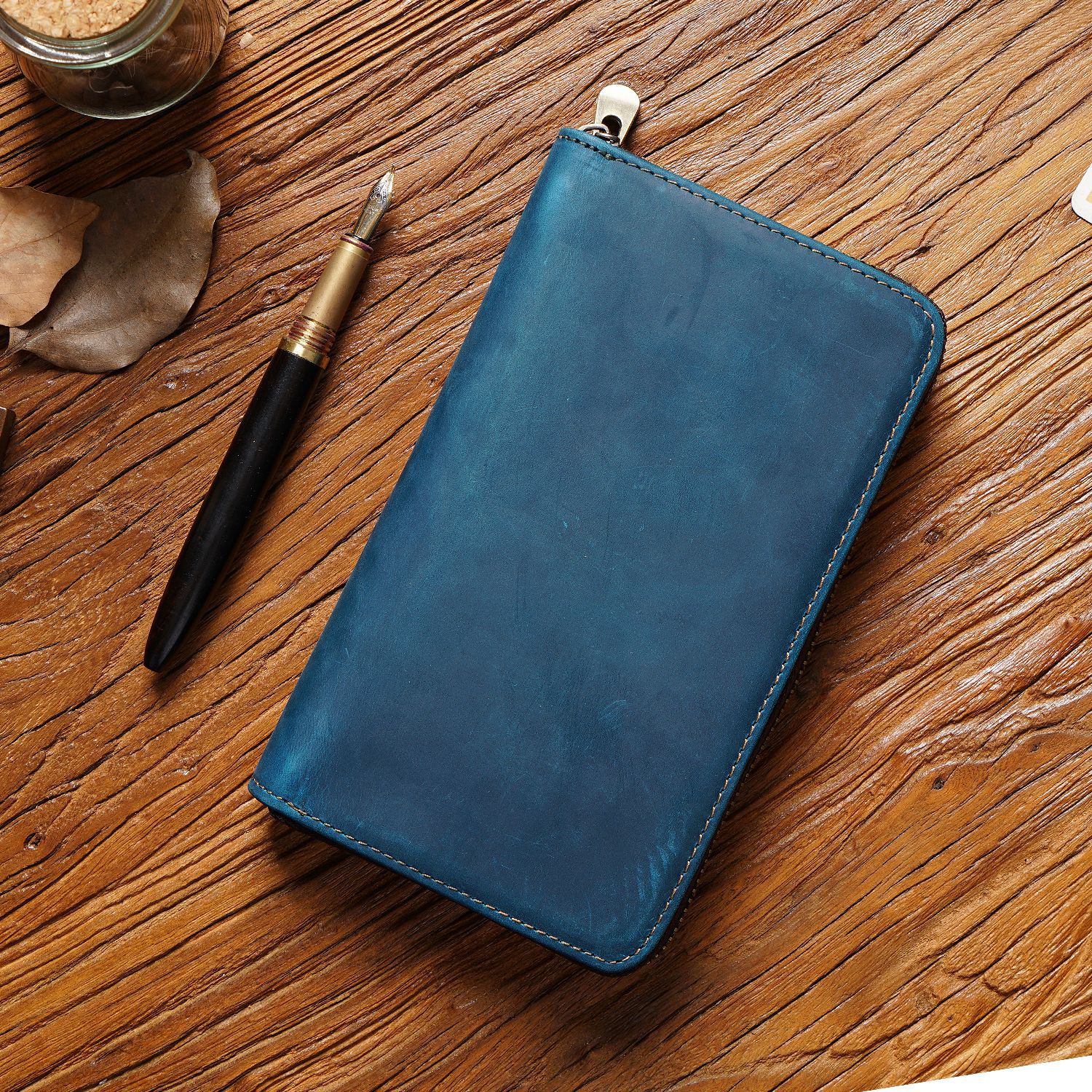 Blue Genuine Crazy Horse Leather Fountain Pen Case Zippered Organiser Pouch