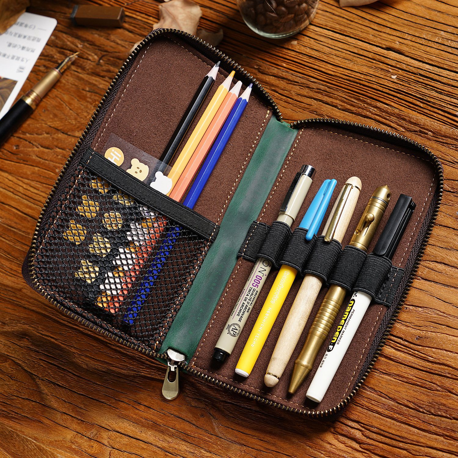 Blue Genuine Crazy Horse Leather Fountain Pen Case Zippered Organiser Pouch view 3