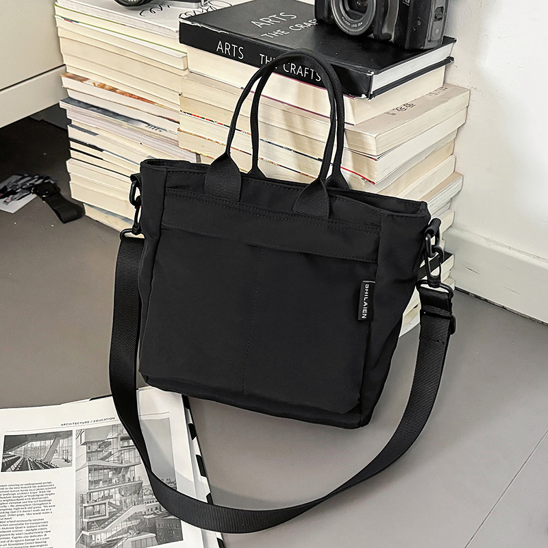 Black Lightweight Nylon Grid Tote Bag - Versatile Multi-Compartment Shoulder