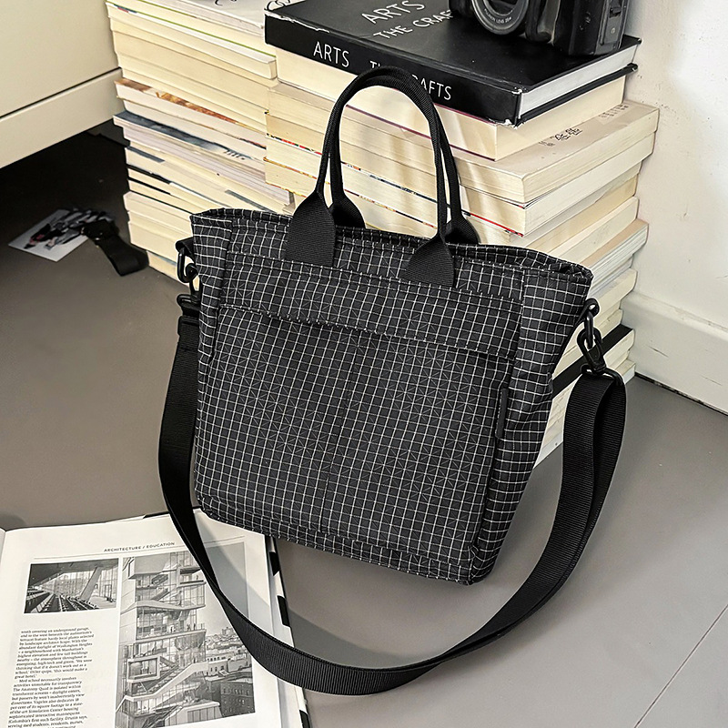 Black Plaid Lightweight Nylon Grid Tote Bag - Versatile Multi-Compartment