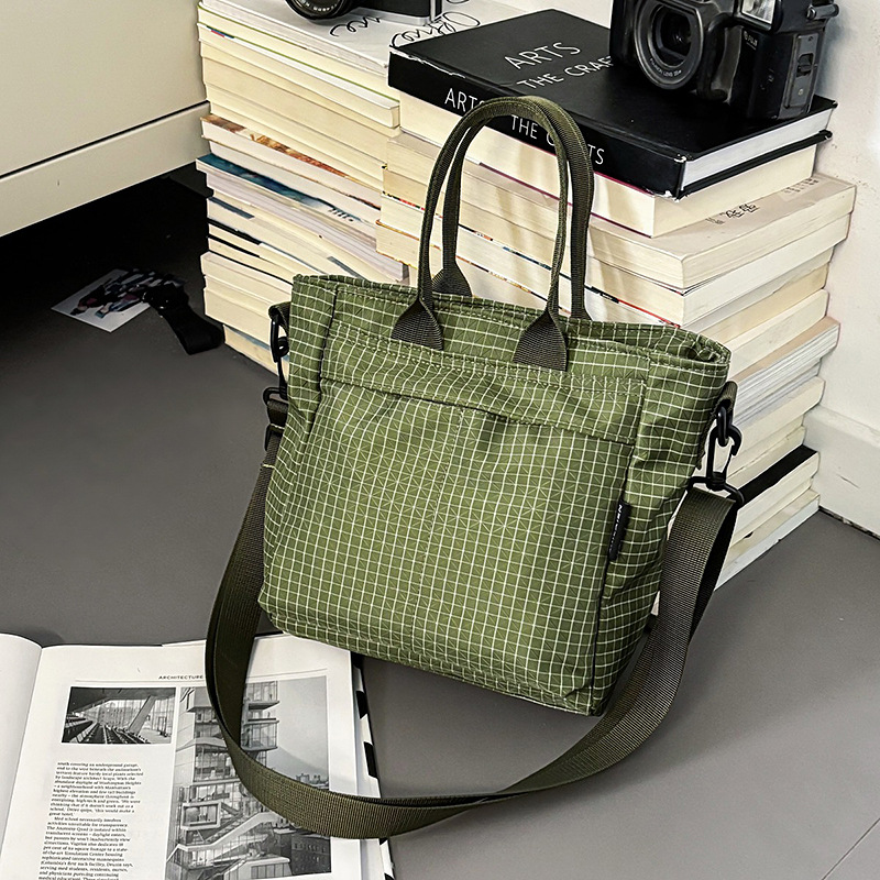 Green Plaid Lightweight Nylon Grid Tote Bag - Versatile Multi-Compartment