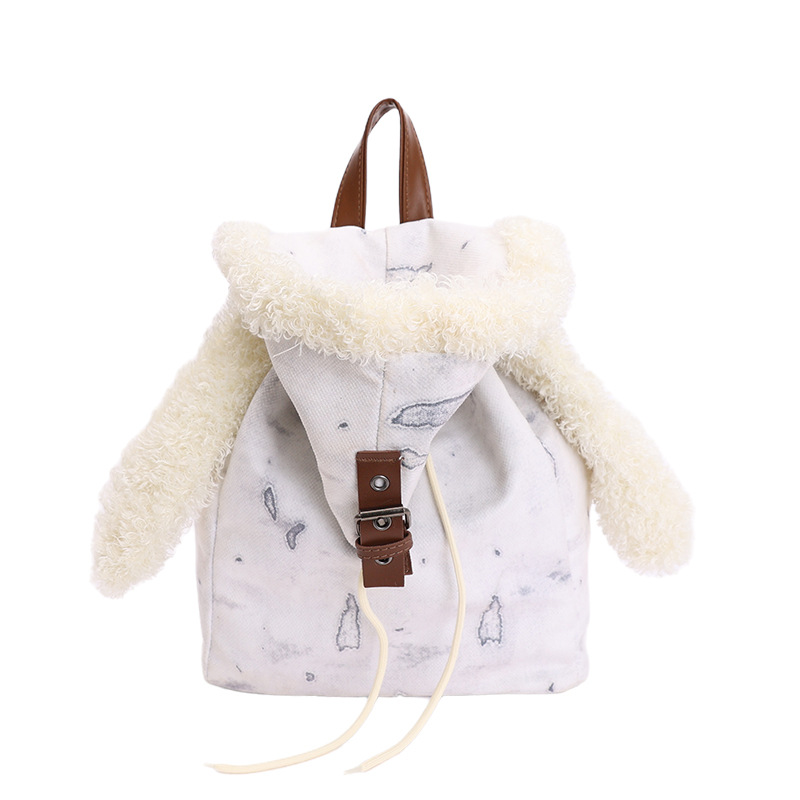 White Adorable Rabbit Ear Backpack - Kawaii Hooded Plush Rucksack for Girls