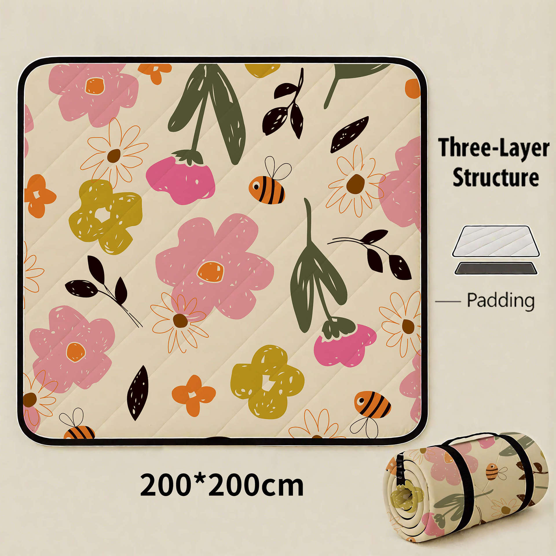 Sea of Bee Flowers Extra Large 200x200cm Waterproof Picnic Mat - Portable