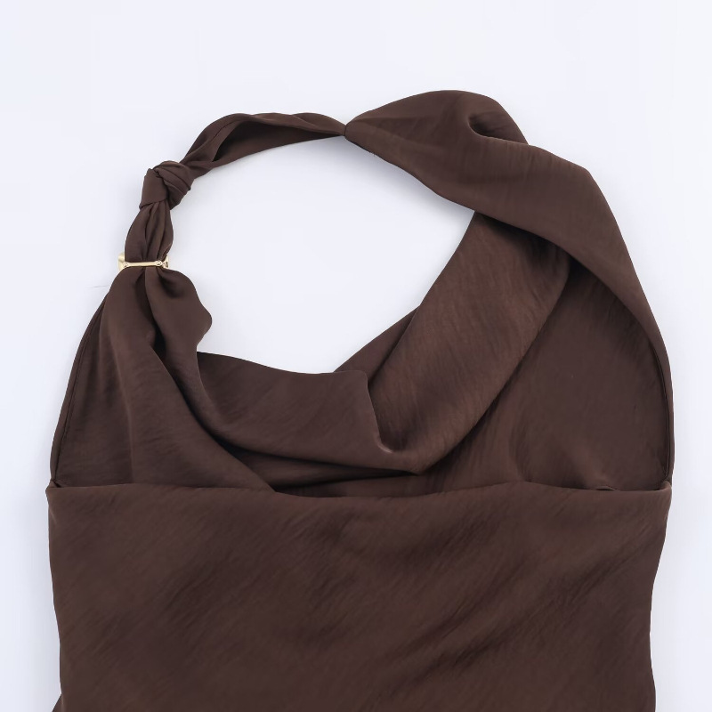 XS Elegant Halter Neck Satin Midi Dress - Sexy Asymmetric Draped Evening Gown view 4