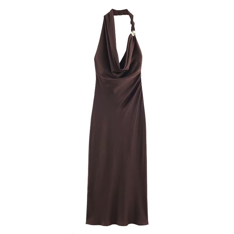 S Elegant Halter Neck Satin Midi Dress - Sexy Asymmetric Draped Evening Gown