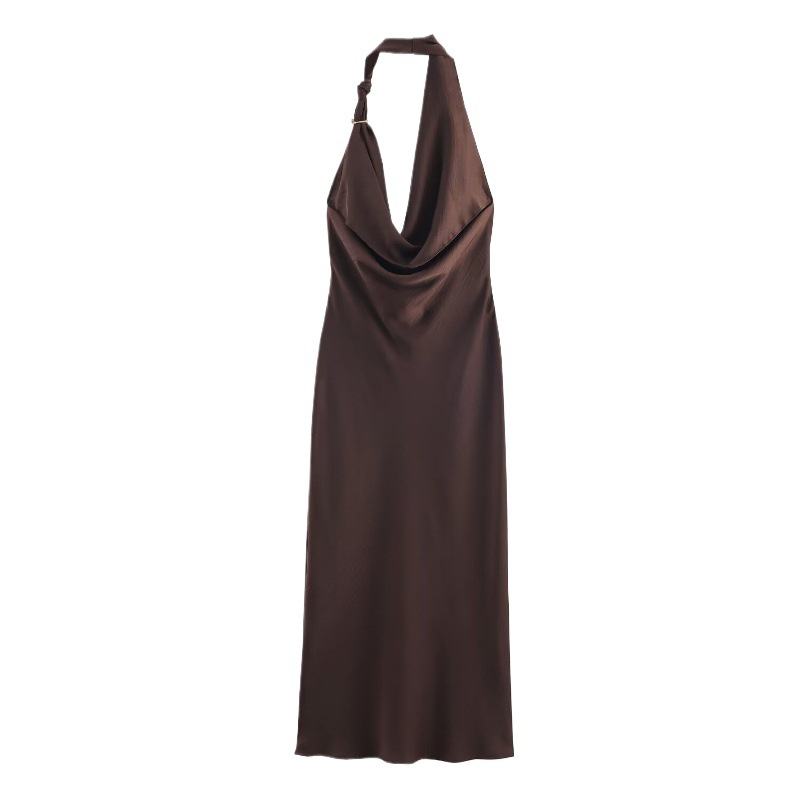 L Elegant Halter Neck Satin Midi Dress - Sexy Asymmetric Draped Evening Gown view 3