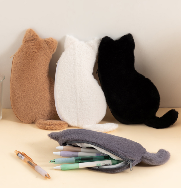 Khaki 3-Pack Adorable Plush Cat Pencil Case Set - Large Capacity Kawaii Kitty view 3