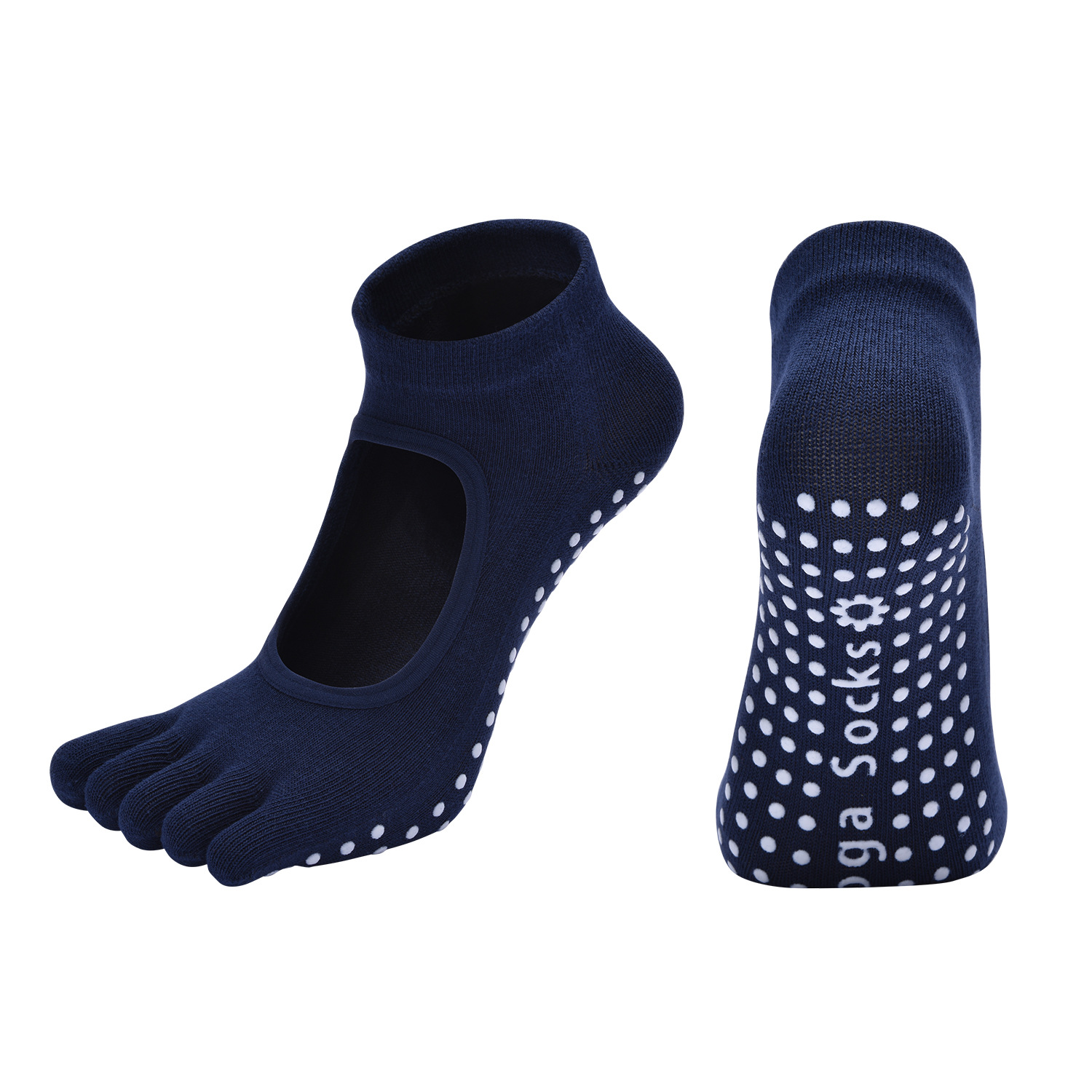 Navy Blue 3-Pack Women's Non-Slip Five-Finger Yoga Socks - Open Back Combed