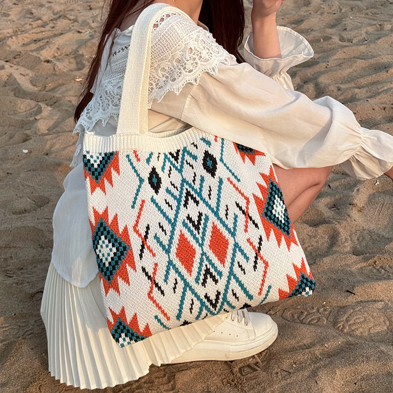 Beige Bohemian Tribal Print Knit Tote Bag