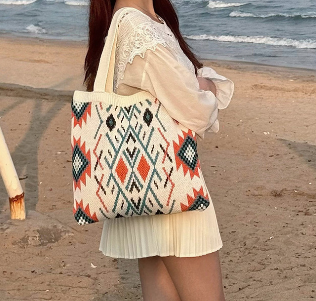 Beige Bohemian Tribal Print Knit Tote Bag view 2