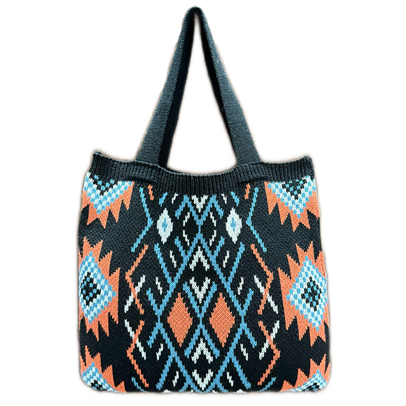 Black Bohemian Tribal Print Knit Tote Bag