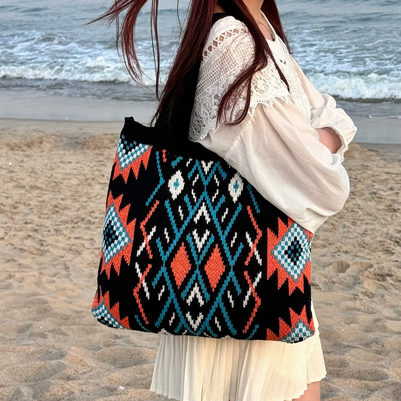 Black Bohemian Tribal Print Knit Tote Bag view 2
