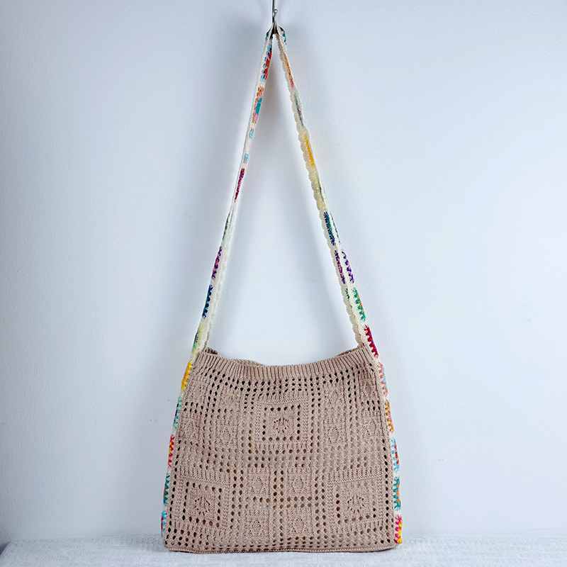 Light Khaki Chic Bohemian Hollow Knit Tote Bag