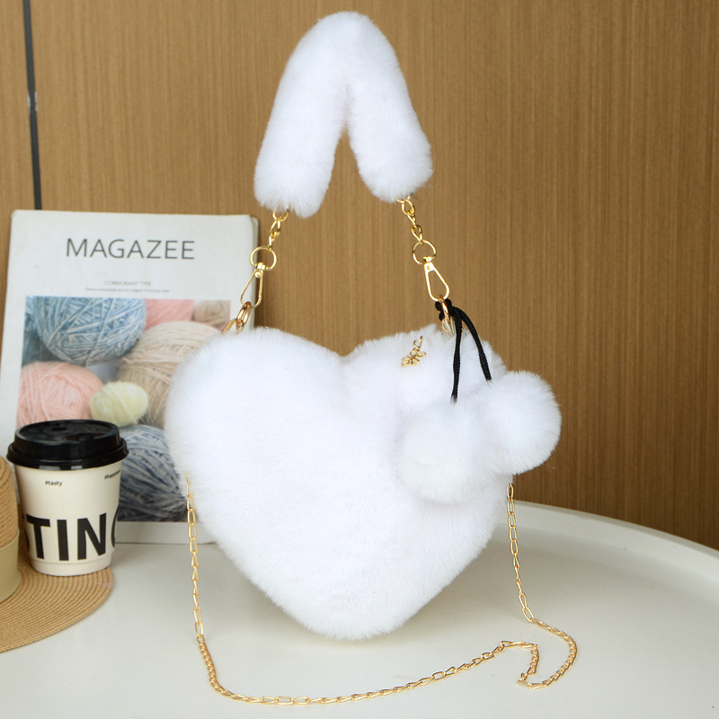 White 2PCS Luxury Faux Rabbit Fur Heart-Shaped Handbag
